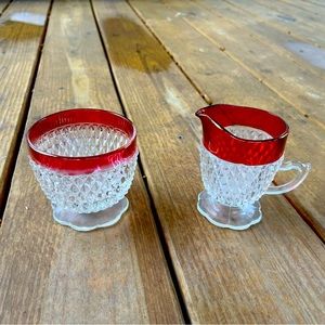 Vintage diamond point Indiana glass ruby flash rim cream and sugar servers